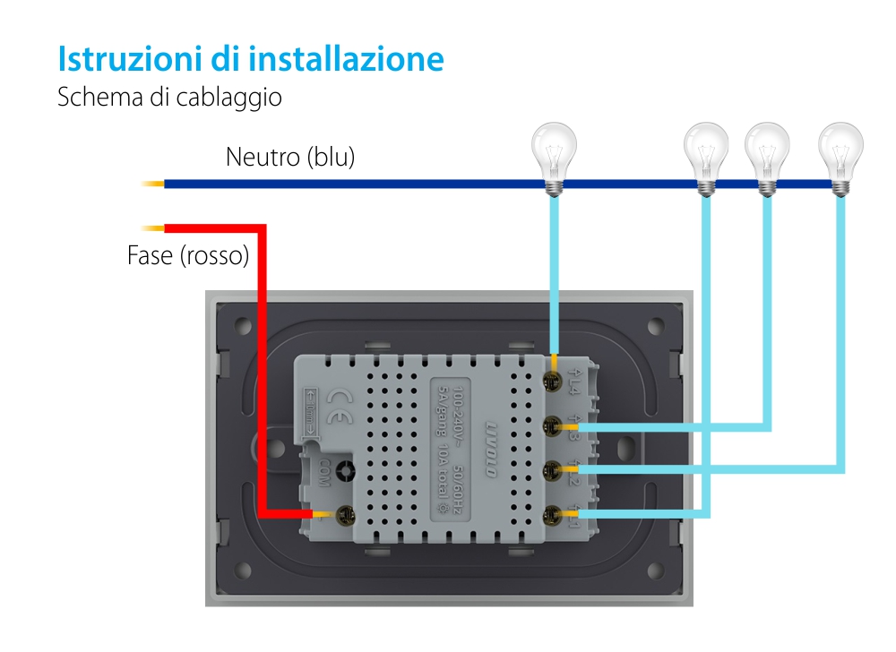 Interruttore touch quadruplo Livolo con cornice in vetro, standard italiano – Nuova serie