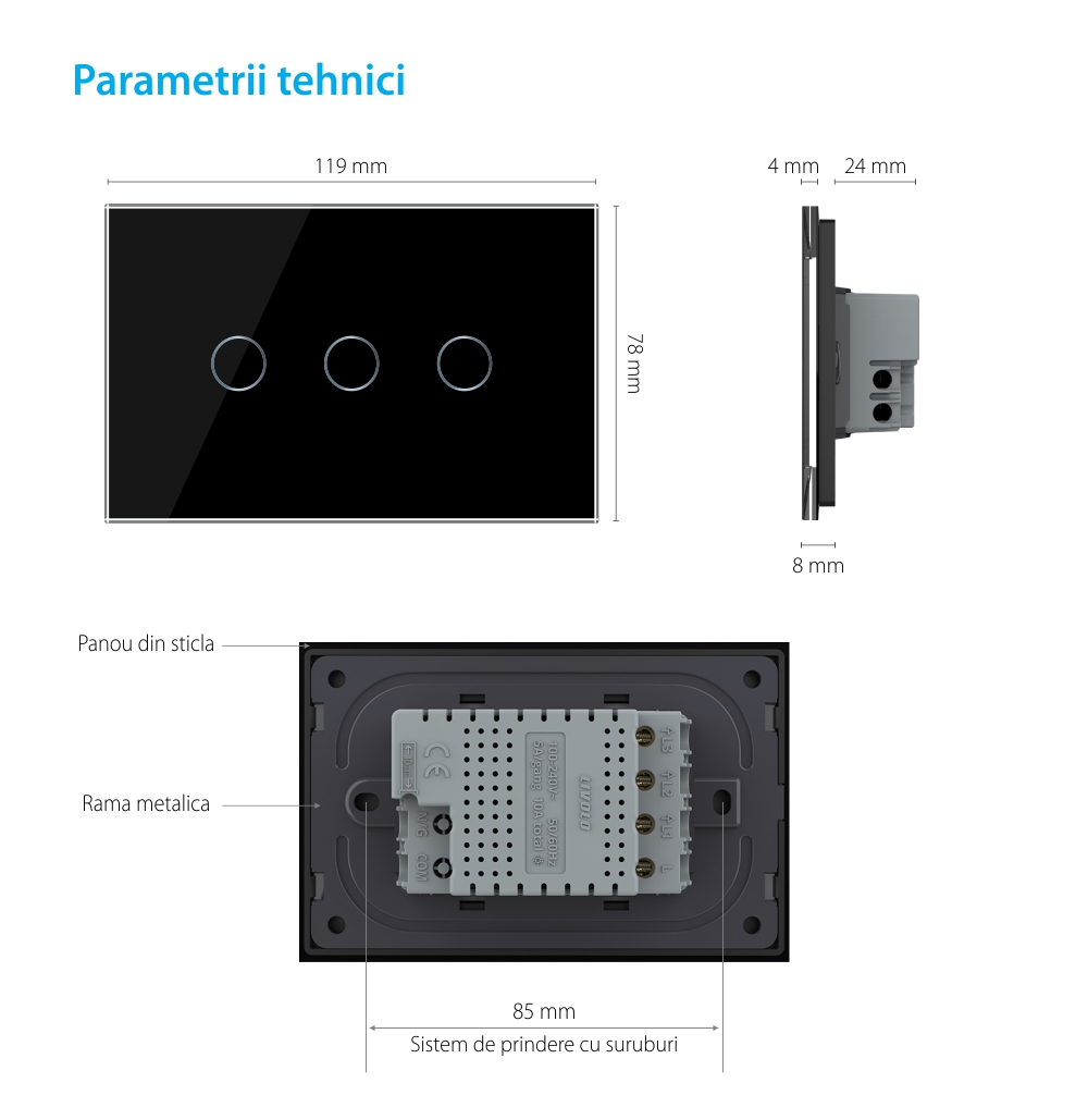 Interruttore triplo touch in vetro Livolo, standard italiano, protocollo ZigBee EC – Nuova serie