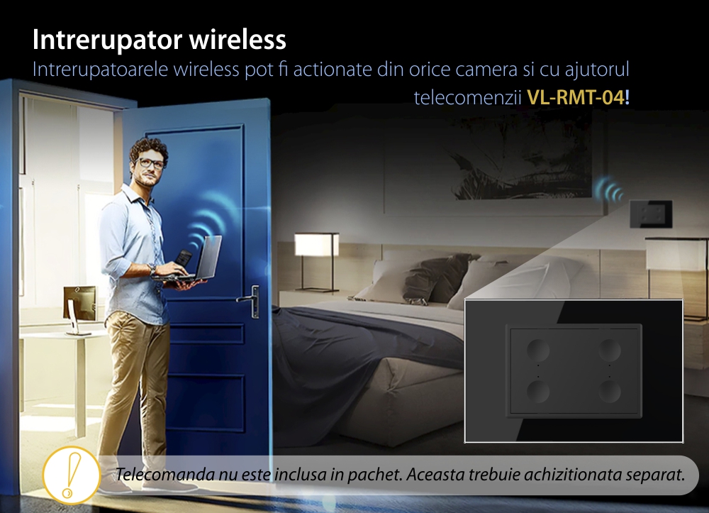 Interruttore quadruplo wireless con touch Livolo con cornice in vetro, standard Italiano – Nuova Serie