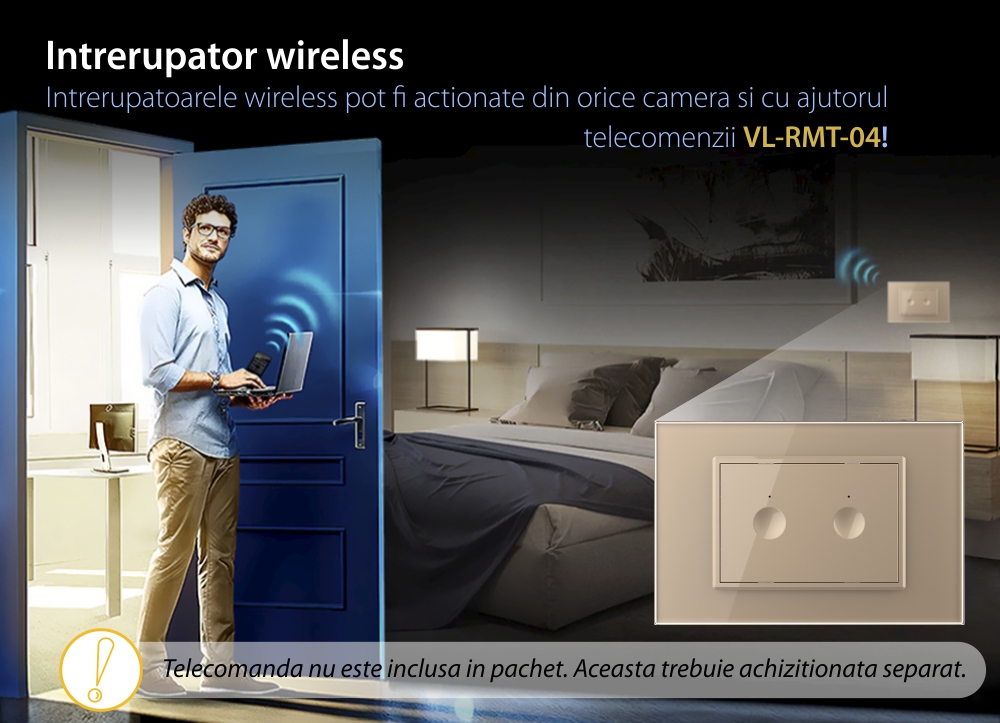 Interruttore doppio deviatore / invertitore wireless con touch Livolo con cornice in vetro, standard italiano – Nuova serie
