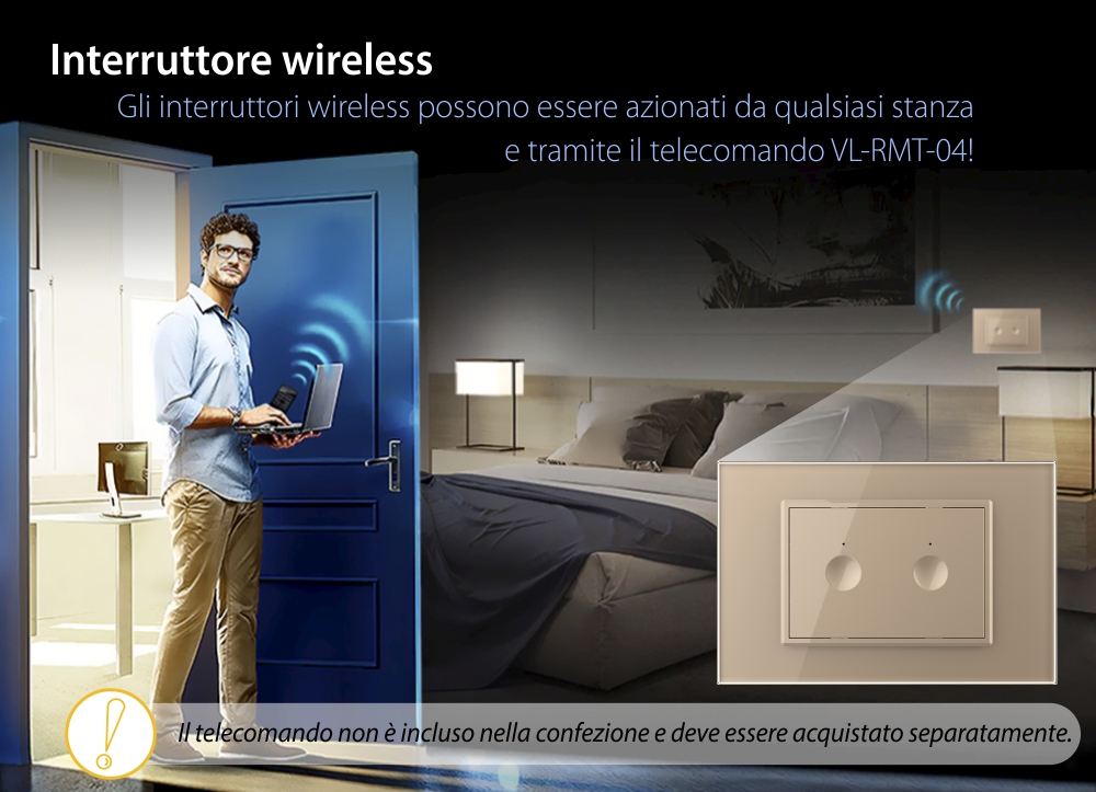 Interruttore doppio wireless con touch Livolo con cornice in vetro, standard Italiano – Nuova Serie
