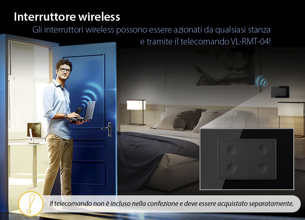 Interruttore quadruplo wireless con touch Livolo con cornice in vetro, standard Italiano – Nuova Serie