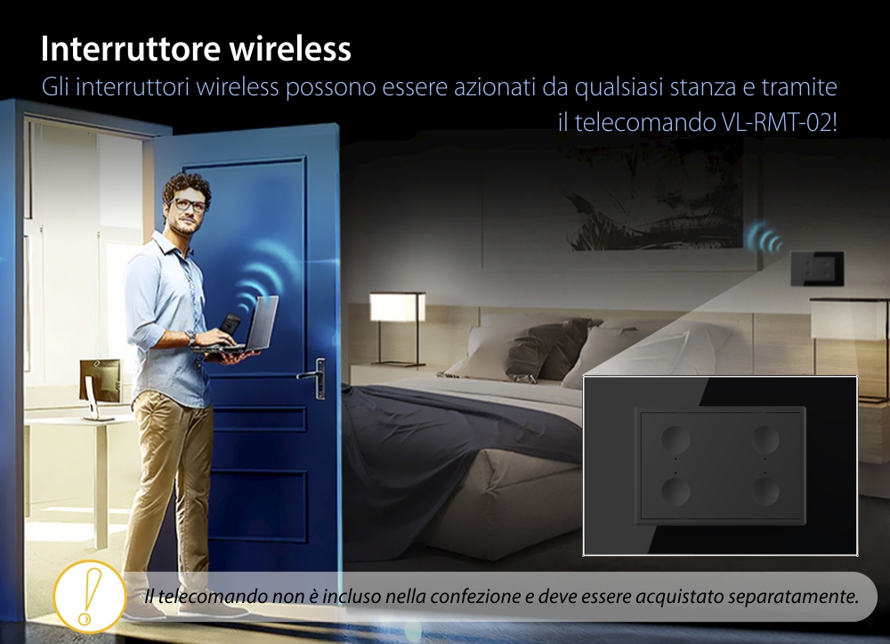Deviatore / invertitore quadruplo wireless con touch Livolo con cornice in vetro, standard italiano – Nuova serie