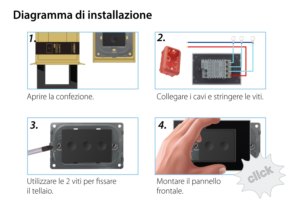 Interruttore triplo wireless con touch Livolo con cornice in vetro, standard Italiano – Nuova Serie