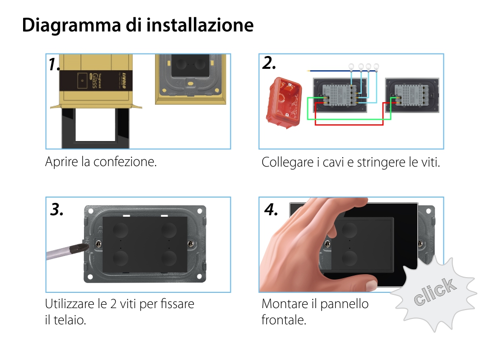 Deviatore / invertitore quadruplo wireless con touch Livolo con cornice in vetro, standard italiano – Nuova serie