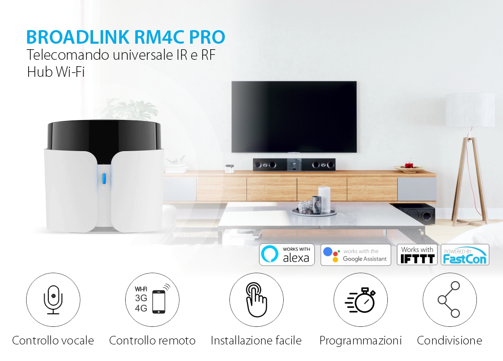 Telecomando intelligente BroadLink RM4C Pro, IR, Wi-Fi, Controllo tramite applicazione, Integrazione con assistenti vocali