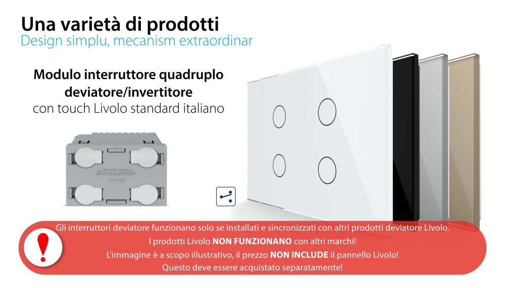 Modulo deviatore/invertitore quadruplo touch Livolo, standard italiano