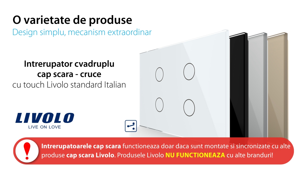 Interruttore quadruplo deviatore / invertitore  Livolo, in vetro con touch, standard italiano – Nuova serie