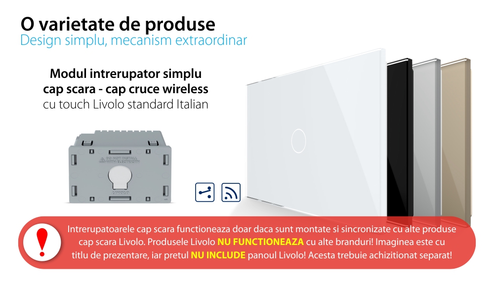 Modulo Interruttore semplice deviatore / invertitore wireless con touch Livolo, standard Italiano