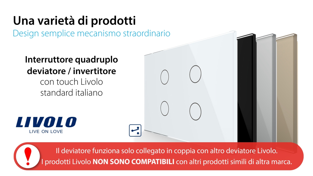 Deviatore / invertitore quadruplo Livolo, in vetro con touch, standard italiano – Nuova serie