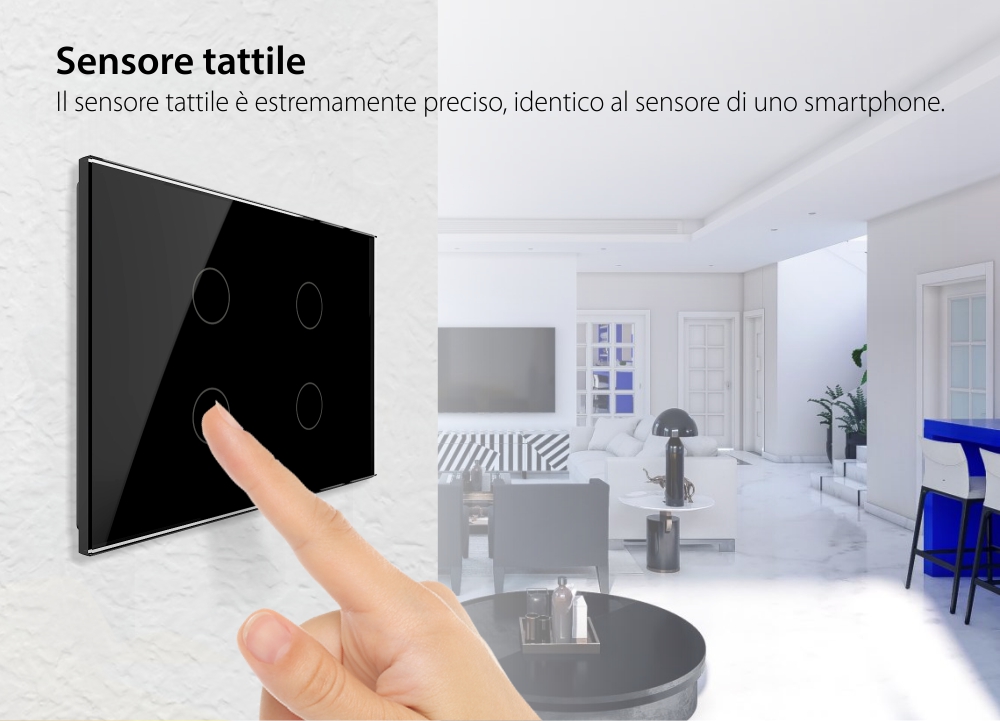 Deviatore / invertitore quadruplo Livolo, in vetro con touch, standard italiano – Nuova serie