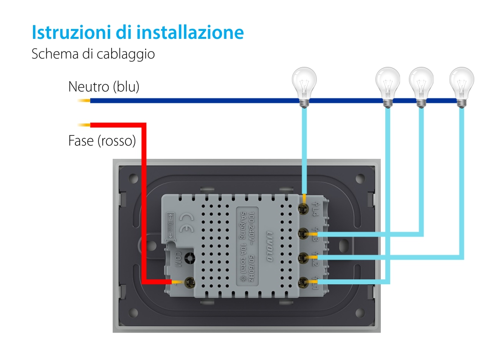 Modulo interruttore quadruplo con touch Livolo, standard italiano