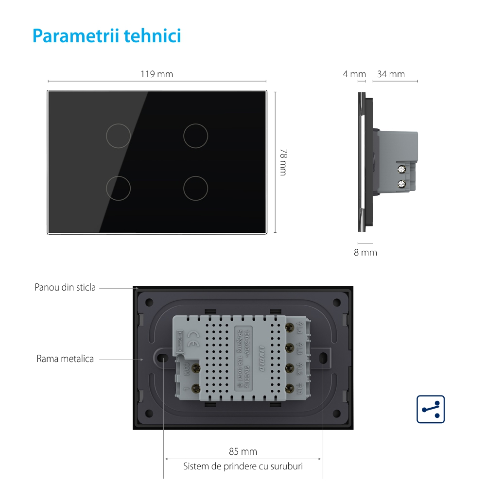 Interruttore quadruplo deviatore / invertitore  Livolo, in vetro con touch, standard italiano – Nuova serie