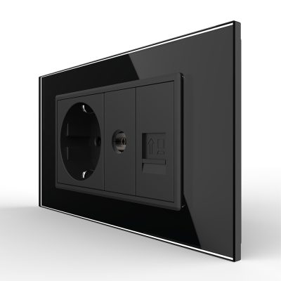 Presa doppia Livolo con cornice in vetro 1 Presa Schuko + TV / Internet, Standard italiano – Nuova serie colore nero