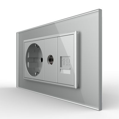 Presa doppia Livolo con cornice in vetro 1 Presa Schuko + TV / Internet, Standard italiano – Nuova serie colore griggio