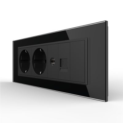 Presa tripla con tasto falso Livolo cornice in vetro 2 prese Schuko + TV/internet, standard italiano – Nuova serie colore nero