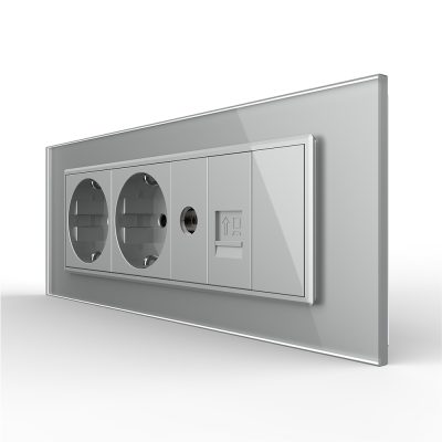 Presa tripla con tasto falso Livolo cornice in vetro 2 prese Schuko + TV/internet, standard italiano – Nuova serie colore griggio