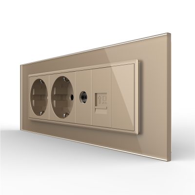 Presa tripla con tasto falso Livolo cornice in vetro 2 prese Schuko + TV/internet, standard italiano – Nuova serie colore dorato