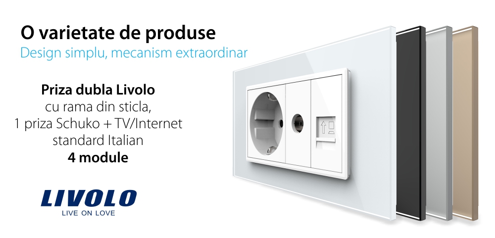 Presa doppia Livolo con cornice in vetro 1 Presa Schuko + TV / Internet, Standard italiano – Nuova serie