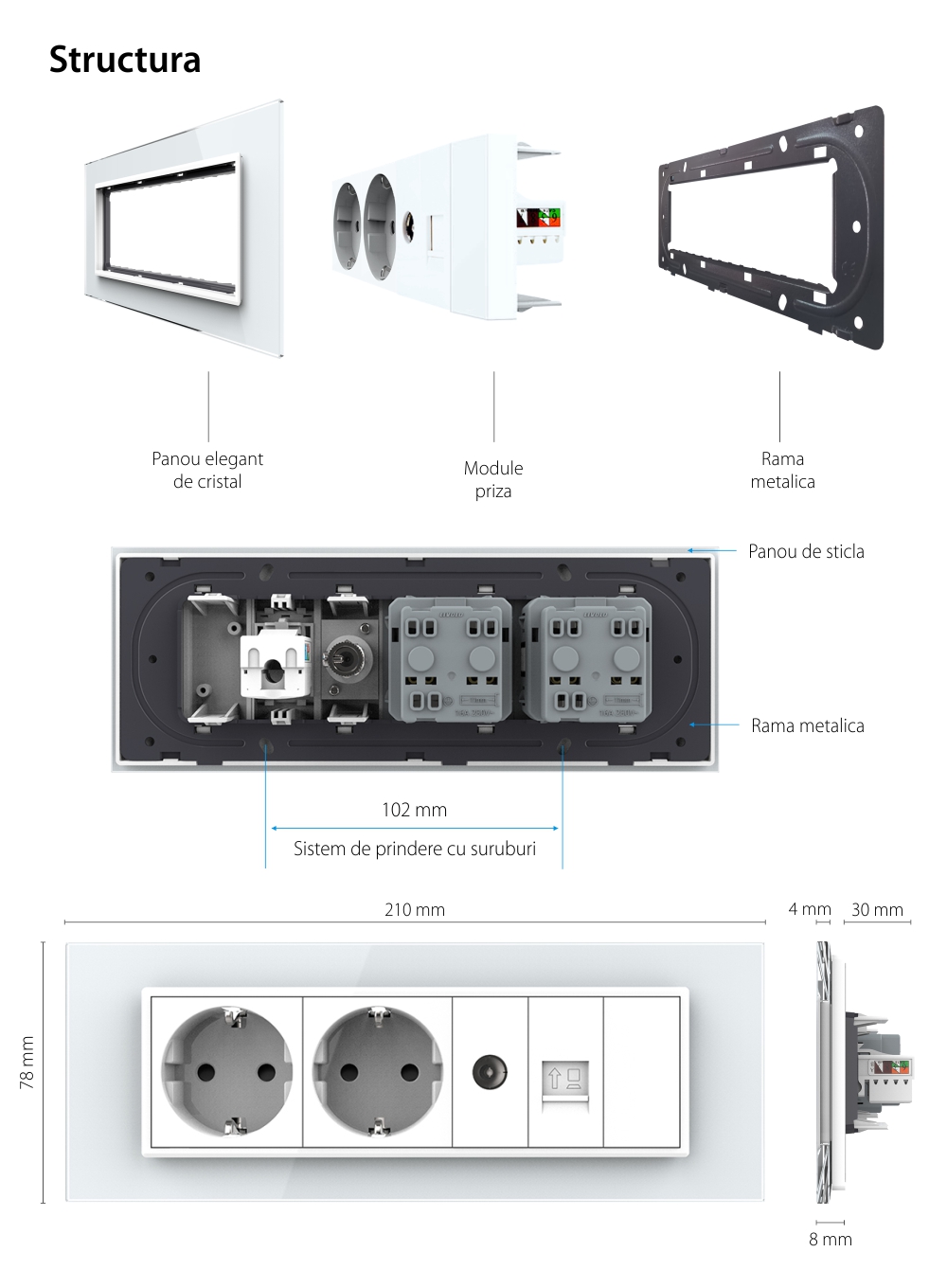 Presa tripla con tasto falso Livolo cornice in vetro 2 prese Schuko + TV/internet, standard italiano – Nuova serie