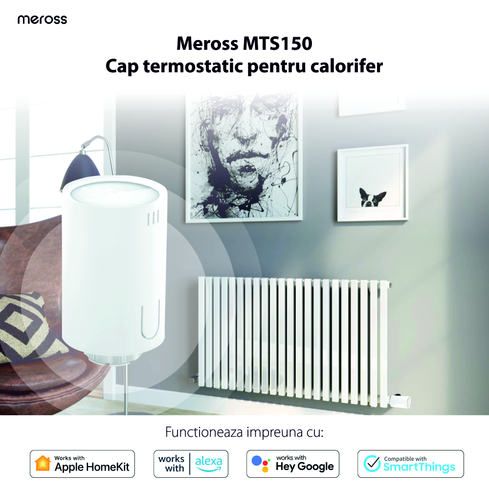 Testa termostatica intelligente per termosifone Meross MTS150, controllo tramite app, Wi-Fi