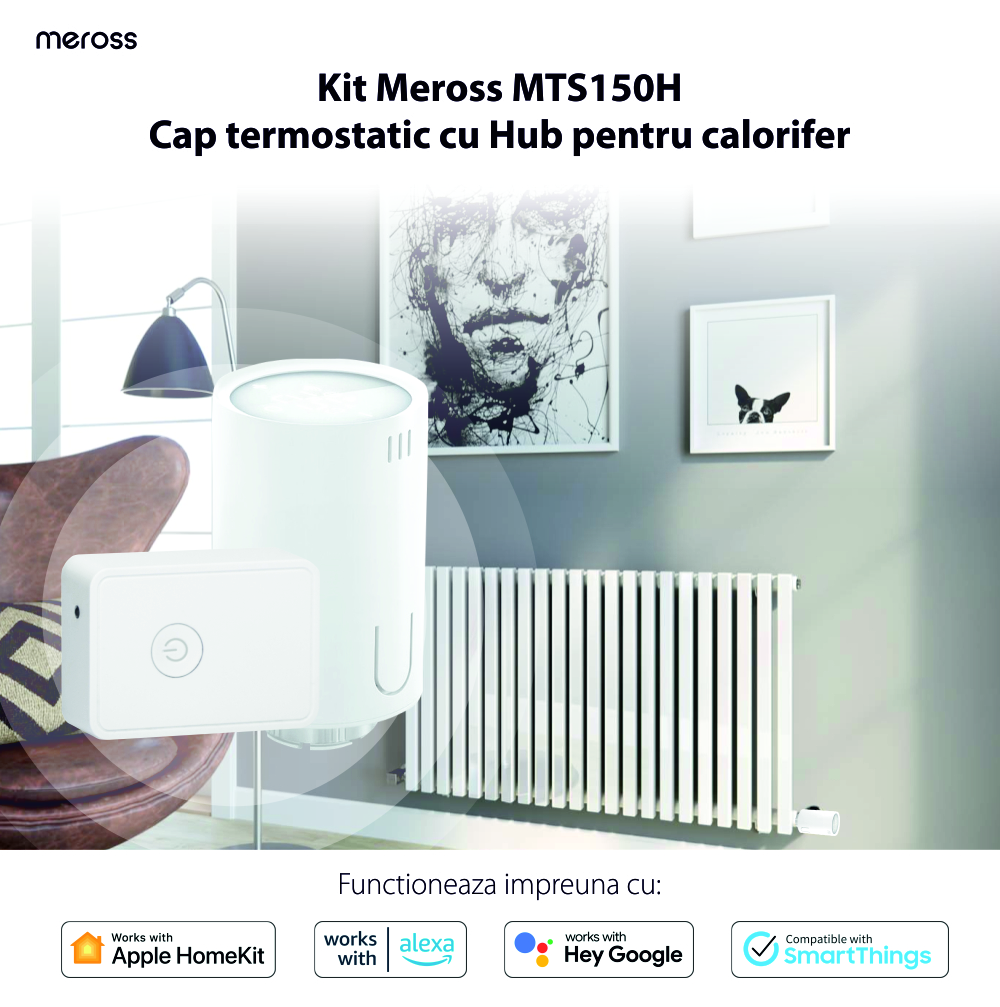 Kit valvola termostatica con hub per radiatore Meross MTS150H, controllo tramite applicazione, Wi-Fi