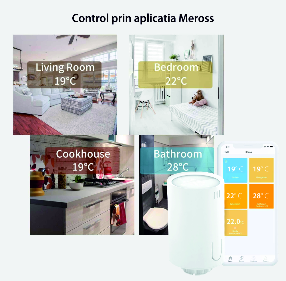 Testa termostatica intelligente per termosifone Meross MTS150, controllo tramite app, Wi-Fi