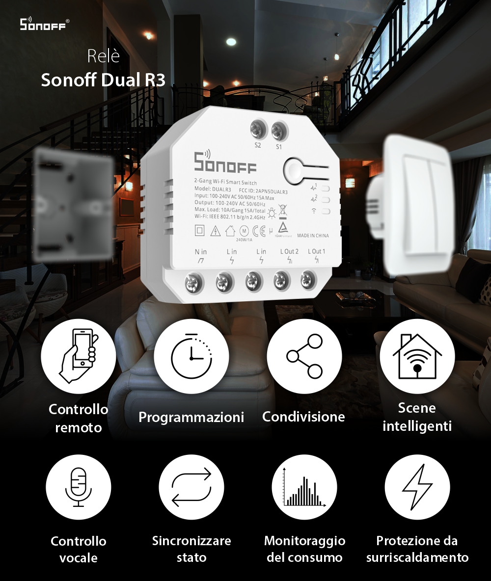 Relè Sonoff Dual R3 a 2 canali, Programmazione, Wi-Fi 2.4 GHz, Contatore energia