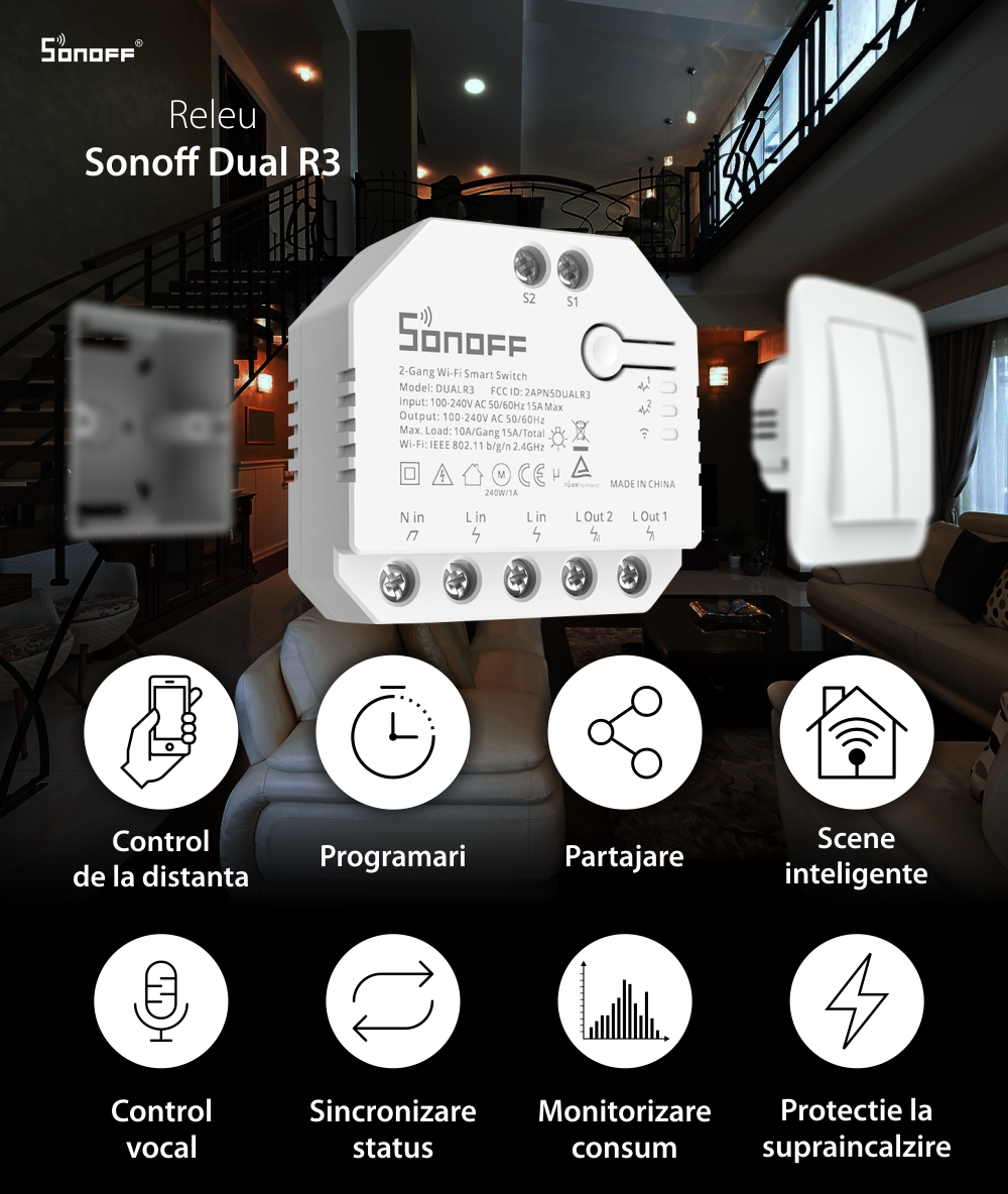 Relè Sonoff Dual R3 a 2 canali, Programmazione, Wi-Fi 2.4 GHz, Contatore energia