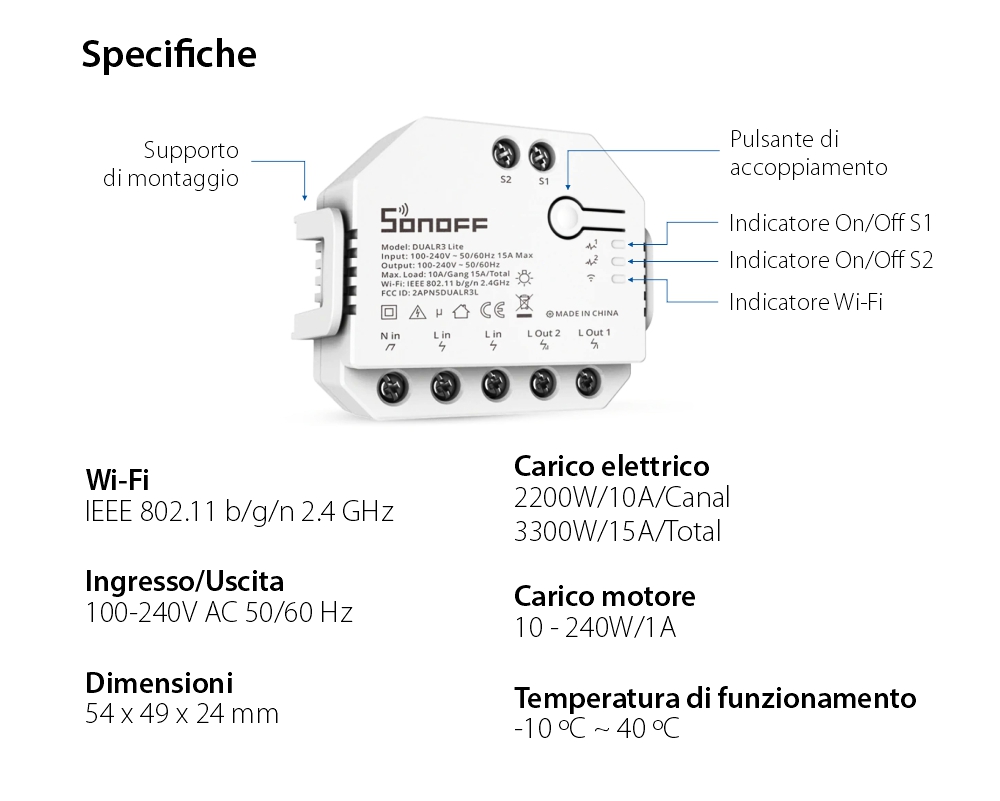 Relè Sonoff Dual R3 Lite a 2 canali, Programmazione, Wi-Fi 2.4 GHz