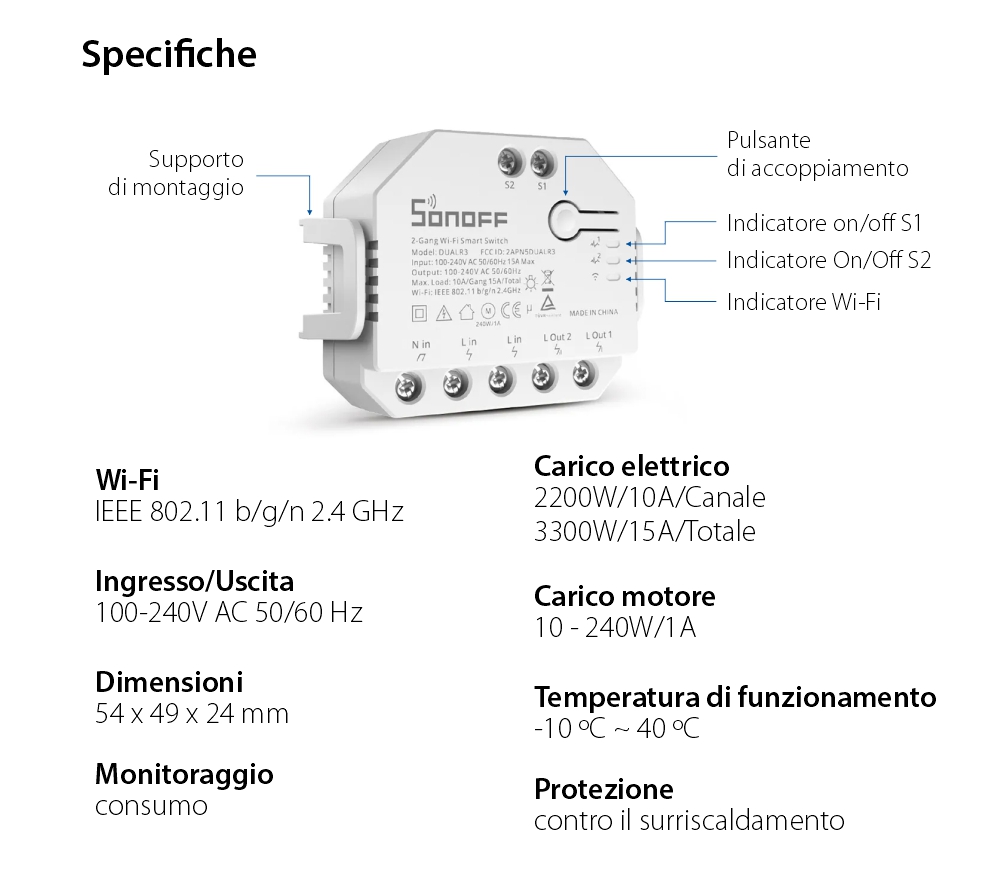 Relè Sonoff Dual R3 a 2 canali, Programmazione, Wi-Fi 2.4 GHz, Contatore energia