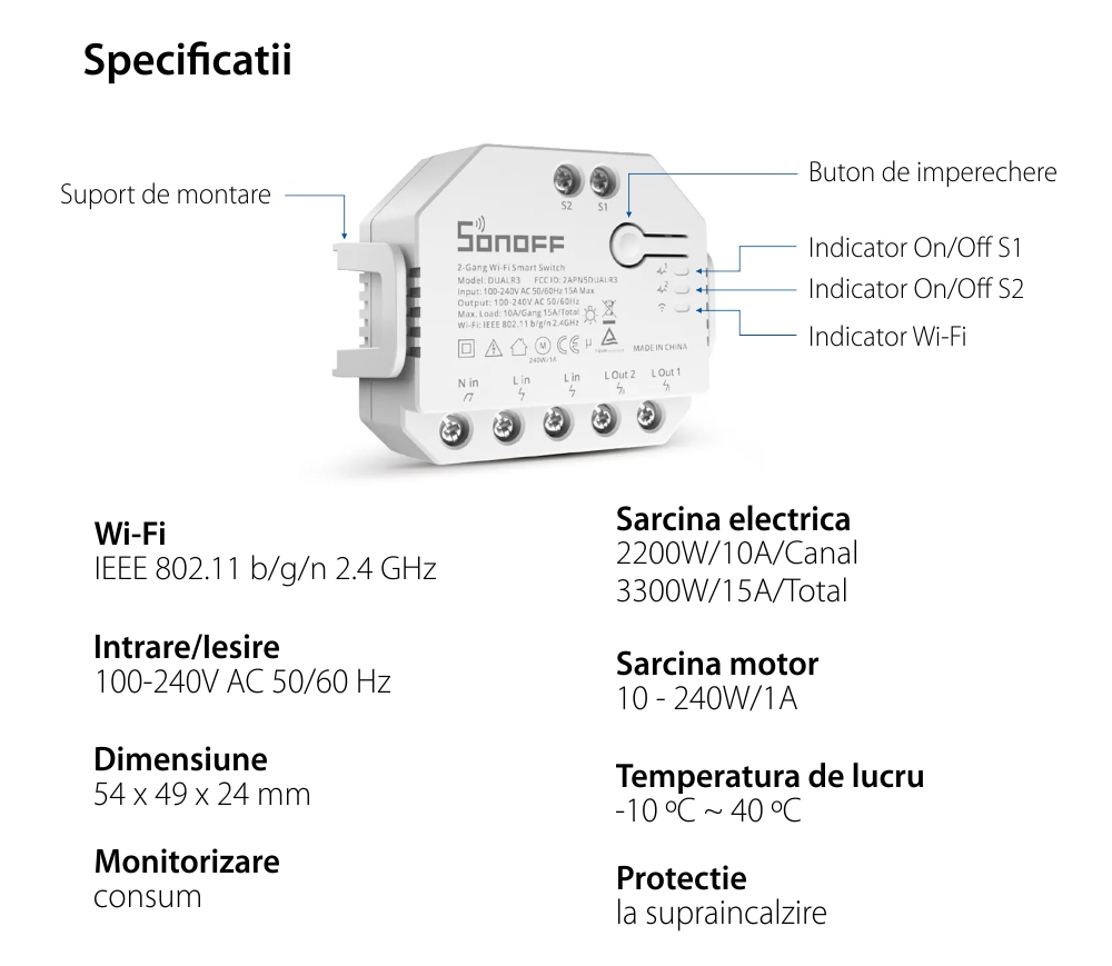 Relè Sonoff Dual R3 a 2 canali, Programmazione, Wi-Fi 2.4 GHz, Contatore energia