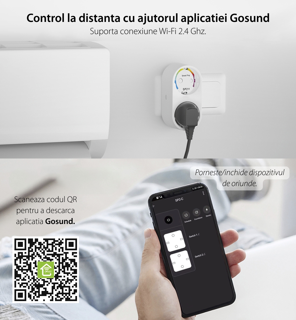 Confezione 2 prese smart Gosund SP211, Controllo tramite app, Programmazione, Timer, 3680 W, 16 A