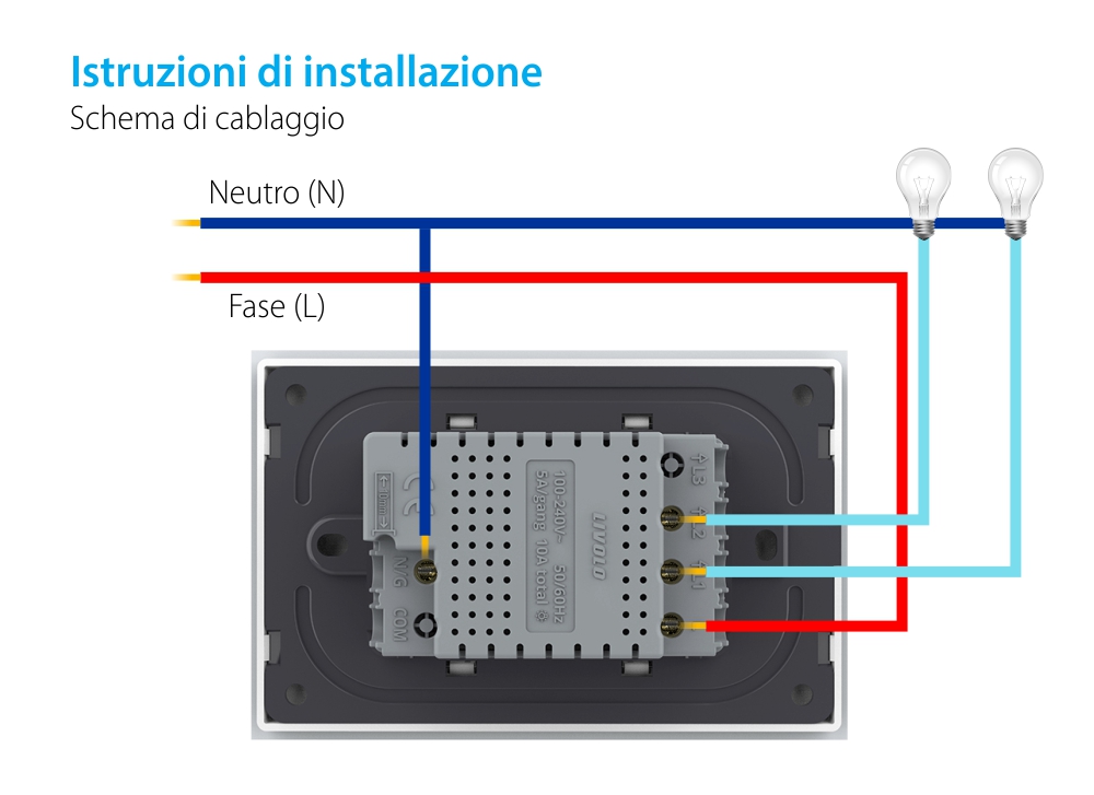 Modulo Interruttore Doppio  Wi-Fi con Touch LIVOLO, standard italiano – Nuova Serie, Bianco