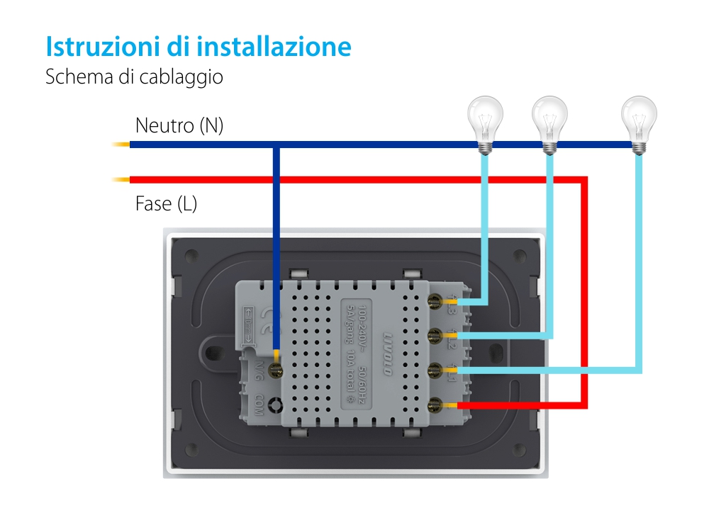 Interruttore Triplo Wi-Fi con Touch LIVOLO, standard italiano – Serie Nuova, Bianco