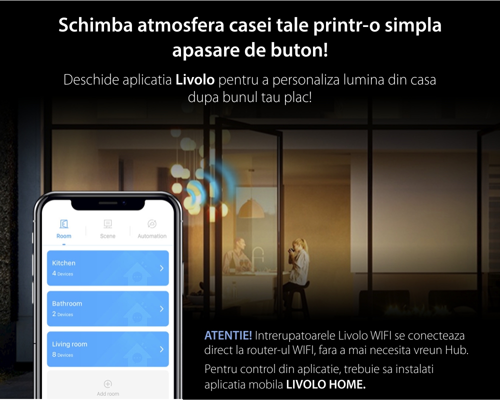 Interruttore semplice deviatore / invertitore Wi-Fi con touch Livolo con cornice in vetro, standard italiano – Nuova serie