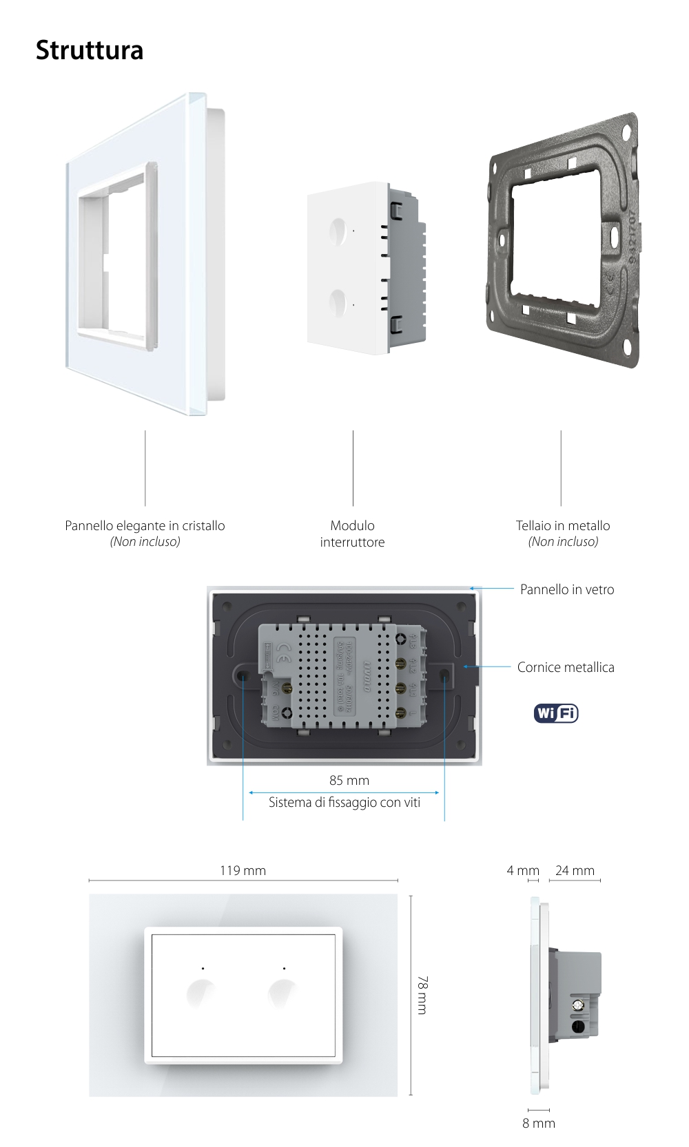 Modulo Interruttore Doppio  Wi-Fi con Touch LIVOLO, standard italiano – Nuova Serie, Bianco