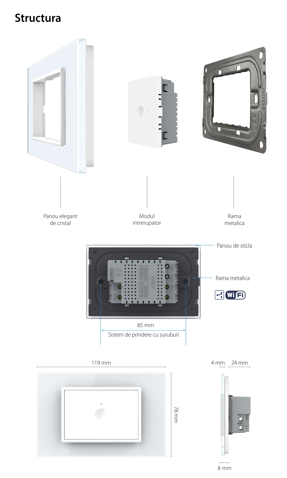 Interruttore semplice deviatore / invertitore Wi-Fi con touch Livolo con cornice in vetro, standard italiano – Nuova serie