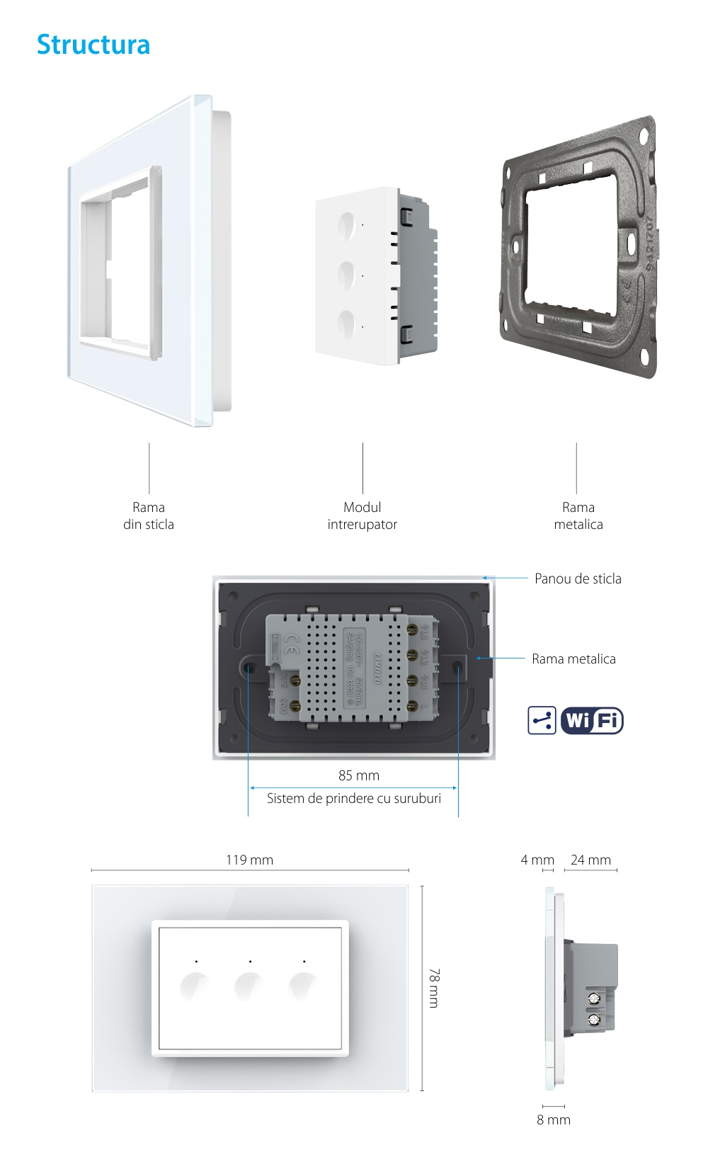 Interruttore Triplo Deviatore/Invertitore WiFi con Touch LIVOLO, standard italiano – Nuova Serie, Bianco