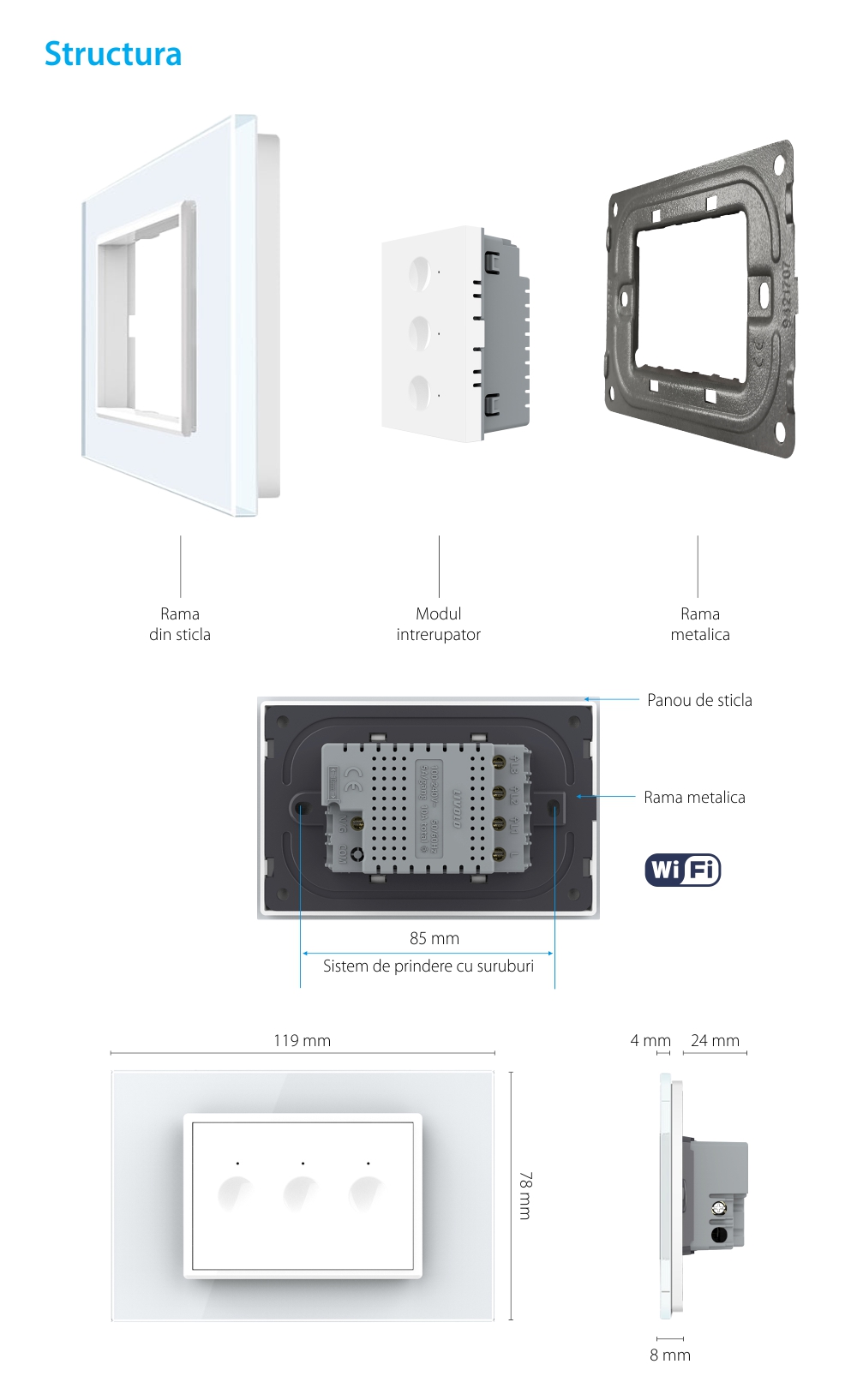 Interruttore Triplo Wi-Fi con Touch LIVOLO, standard italiano – Serie Nuova, Bianco