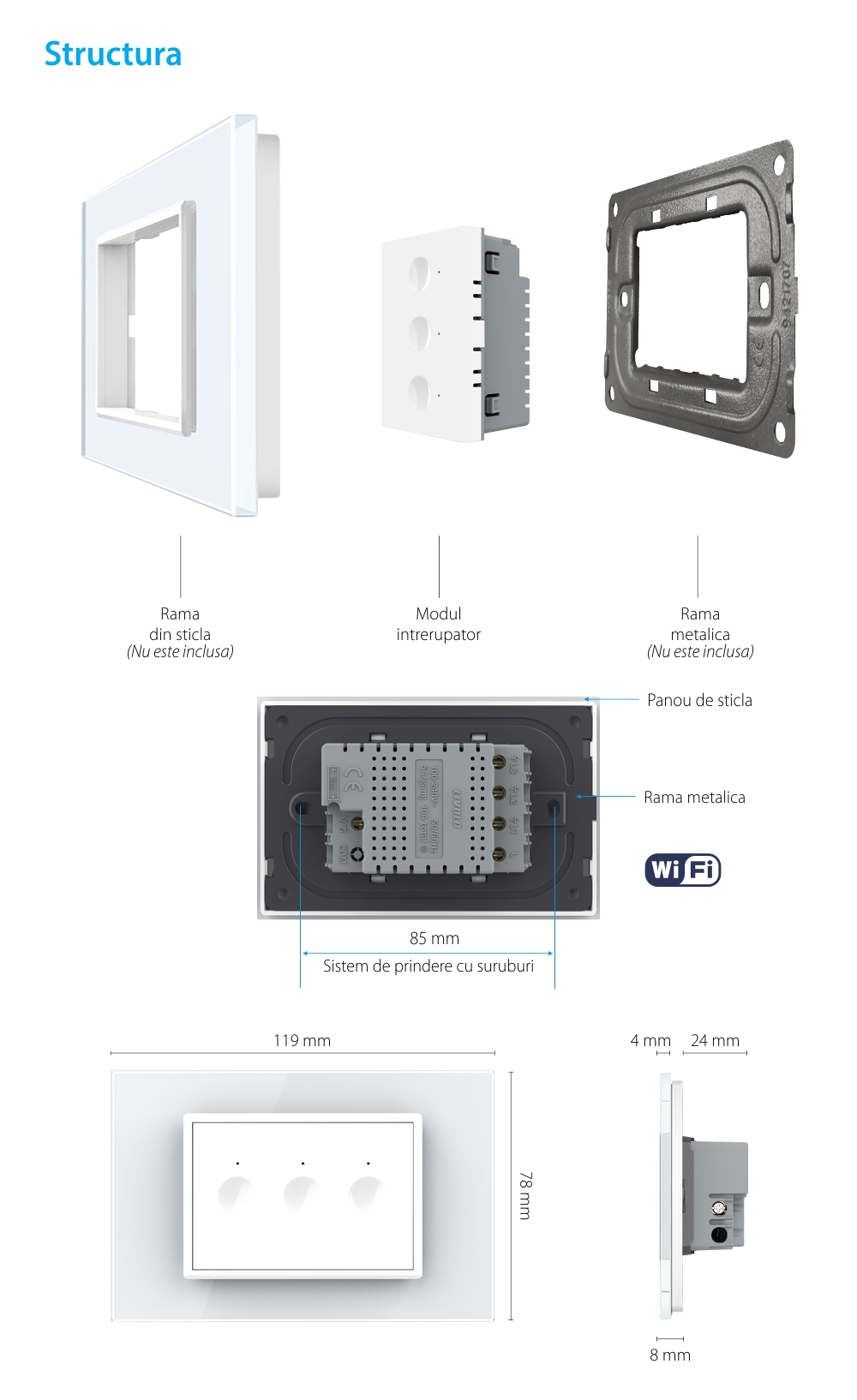 Modulo Interruttore Triplo Wi-Fi con Touch LIVOLO, standard italiano – Nuova Serie, Bianco
