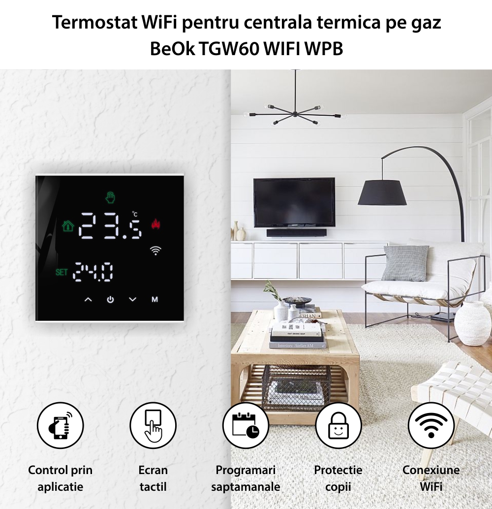 Termostato Wi-Fi per riscaldamento a gas BeOk TGW60-WIFI-WPB