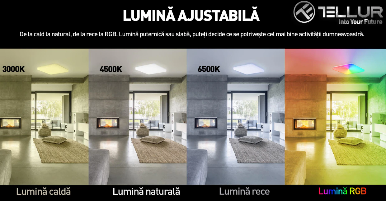 Lampadario intelligente LED RGB Tellur, Controllo vocale, 24W, Wi-Fi, 33 cm, Forma quadrata
