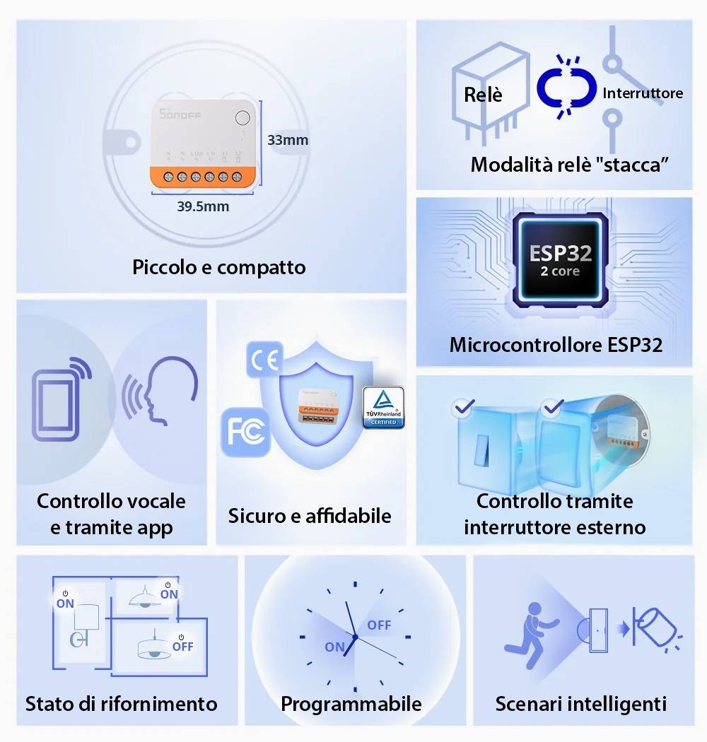 Relè intelligente Wi-Fi Sonoff Mini R4, 10A, 2300W, programmazioni, controllo tramite applicazione