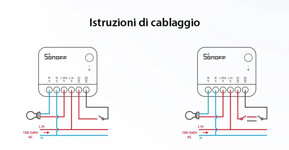 Relè intelligente Wi-Fi Sonoff Mini R4, 10A, 2300W, programmazioni, controllo tramite applicazione