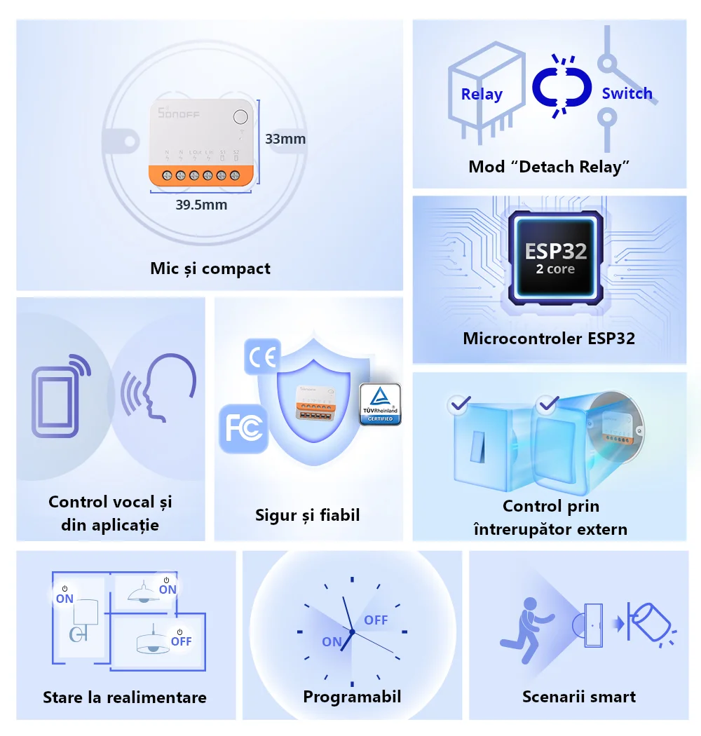 Relè intelligente Wi-Fi Sonoff Mini R4, 10A, 2300W, programmazioni, controllo tramite applicazione