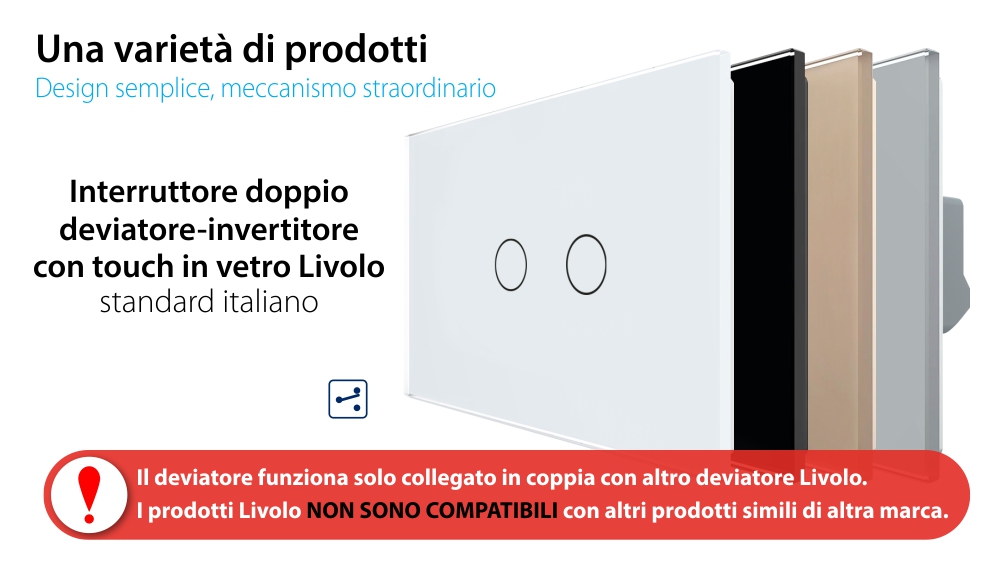 Doppio deviatore / invertitore LIVOLO touch in vetro- Standard italiano