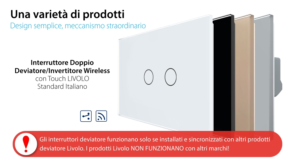 Doppio Deviatore/Invertitore Wireless con Touch LIVOLO in Vetro – Standard Italiano