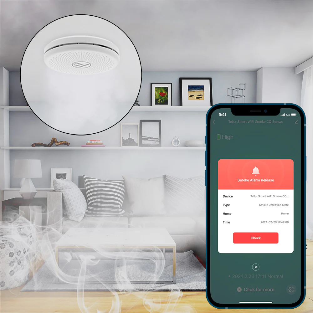 Sensore intelligente di fumo e monossido di carbonio (CO) Tellur, Notifiche, Allarme, Applicazione