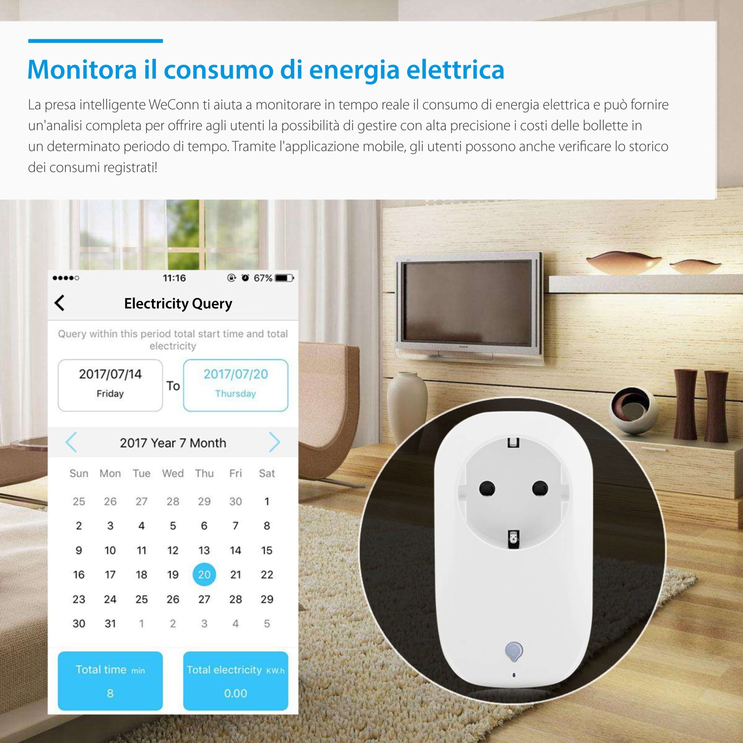 Presa intelligente RedSun RS-S171, monitoraggio del consumo energetico, compatibile con Alexa, controllo tramite app mobile